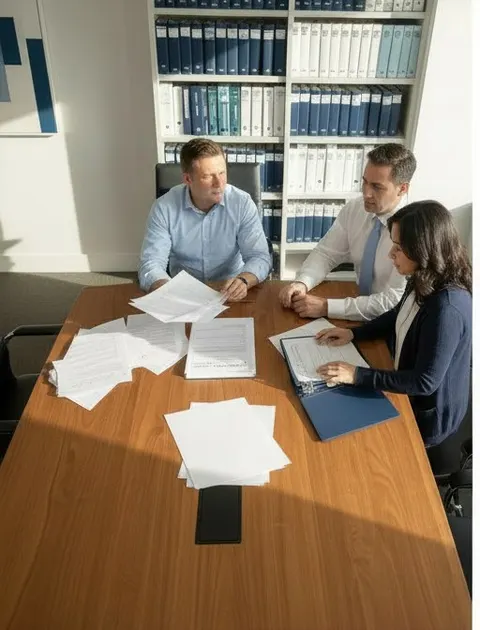 A partner slides one proposal aside while the practice manager flips through a binder of contract dates and logins.