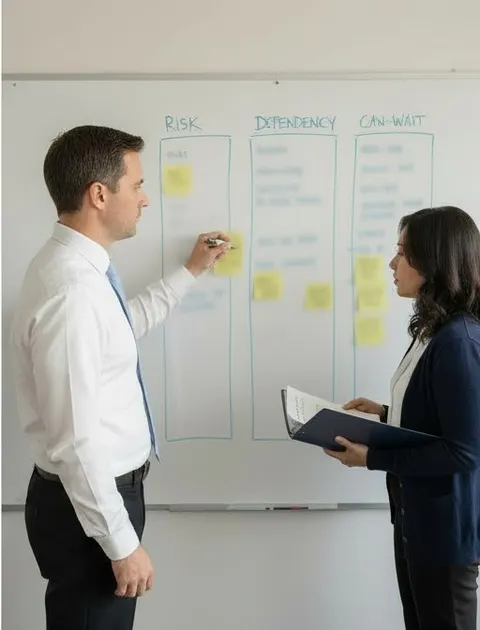 The consultant writes each system on a sticky note and moves it into columns for risk, dependency and can-wait while the practice manager adds renewal dates.