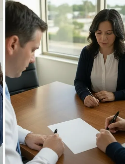 Both partners initial the owner column and circle the first decision, while the practice manager pencils a vendor question beside it.