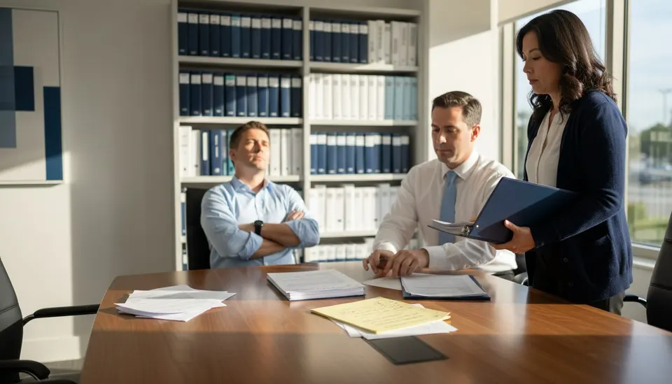 Two law-firm partners and a practice manager comparing printed vendor proposals around a conference table