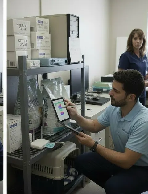 The technician photographs the server label, the manager writes the vendor phone number beside each device, and they tag the switch.