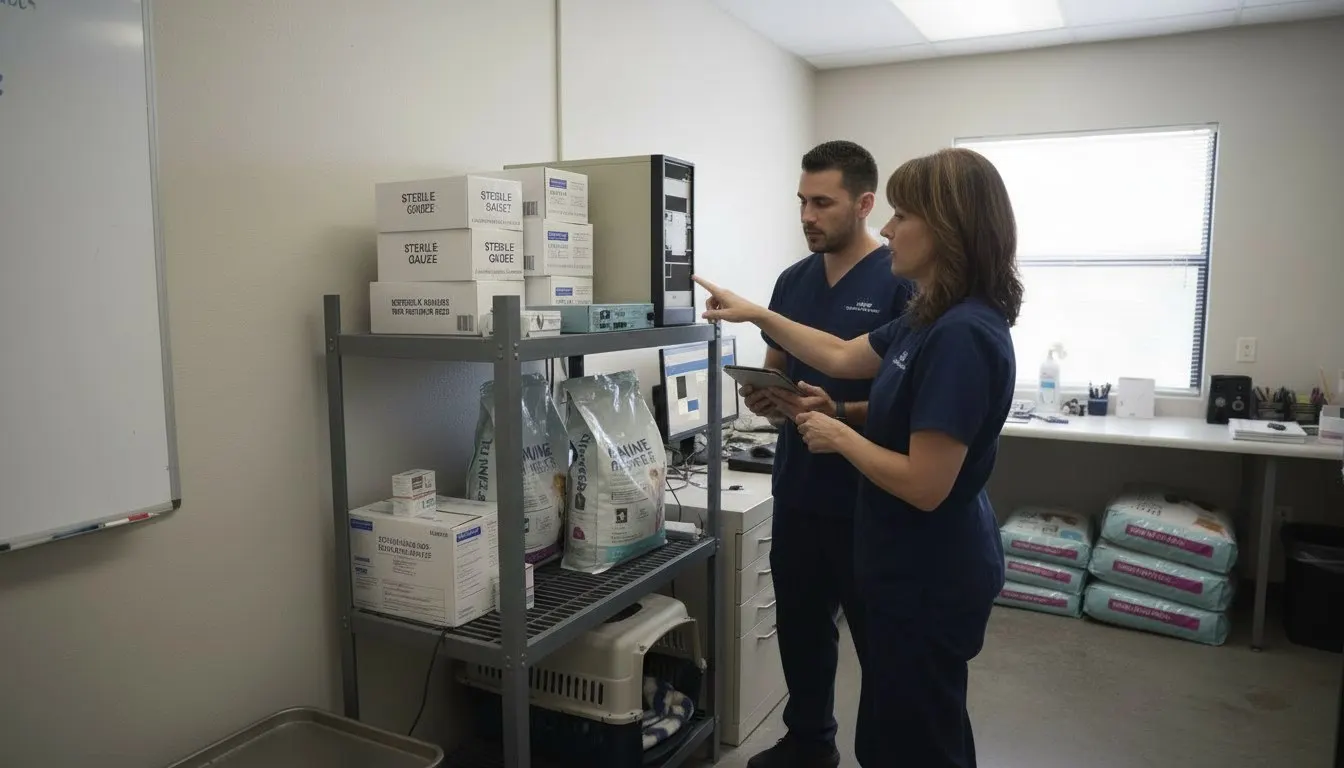 Veterinary clinic owner and an IT technician looking at an older server on a shelf beside animal-care supplies