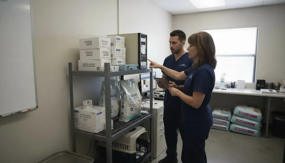 Veterinary clinic owner and an IT technician looking at an older server on a shelf beside animal-care supplies