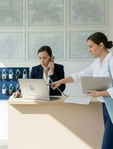 The agent points at an e-signature link that will not open while the office manager answers the front phone with one hand.