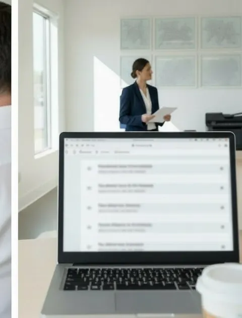 The office manager marks a platform-login issue as waiting on the vendor, while an agent walks past to the printer unprompted.
