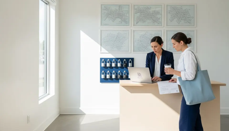 Real estate office manager helping an agent with a laptop at a front desk near a lockbox display
