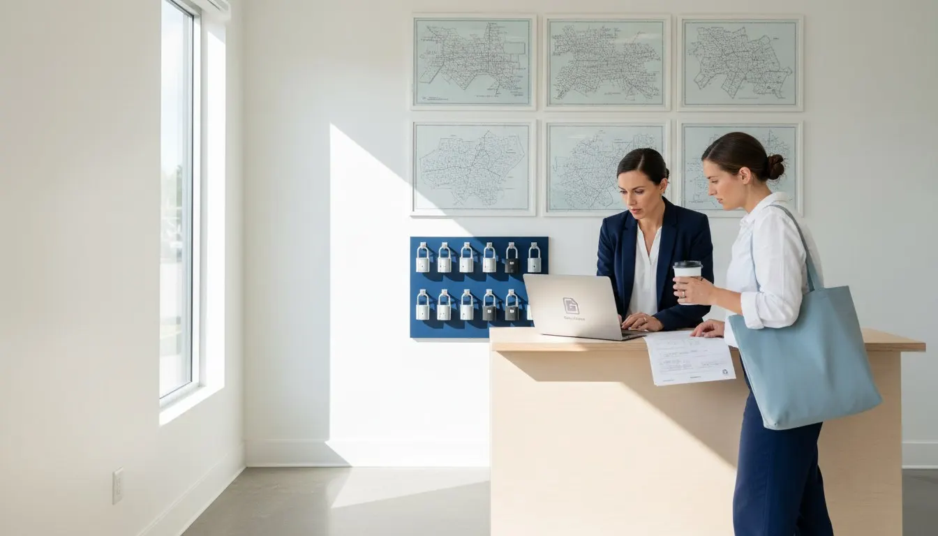 Real estate office manager helping an agent with a laptop at a front desk near a lockbox display