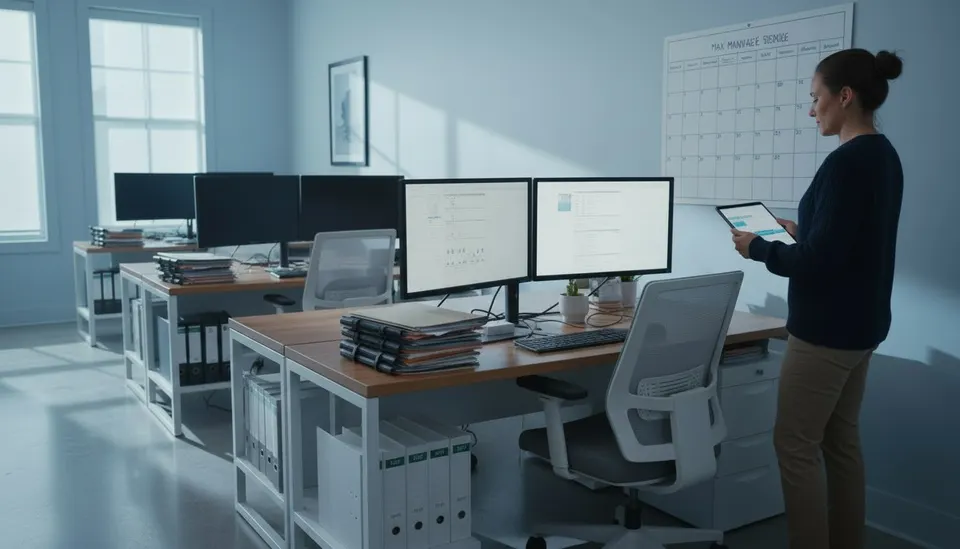 A row of workstations in a quiet CPA office with a staff member reviewing an update schedule on a tablet