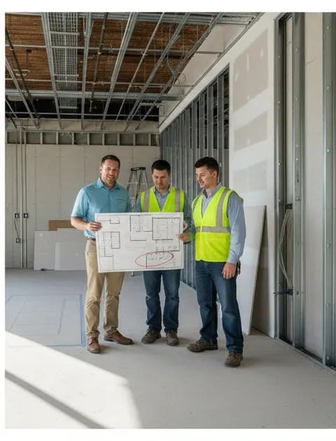 The consultant marks each room on the floor plan with its phone, workstation and network needs and points at the wall where a cable run is still missing.