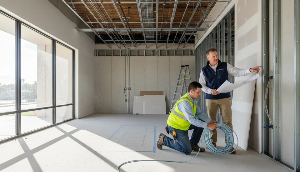 Physical therapy practice owner with a floor plan and a cabling technician in an unfinished treatment suite