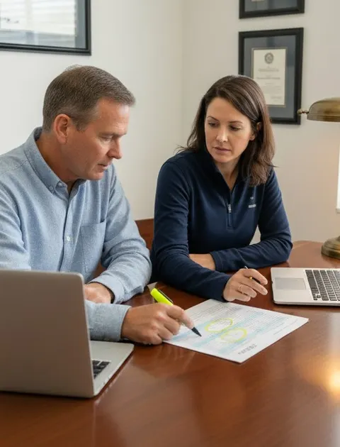 They go through each laptop for its protection, email and sign-in settings, and the consultant circles two machines with no protection recorded.