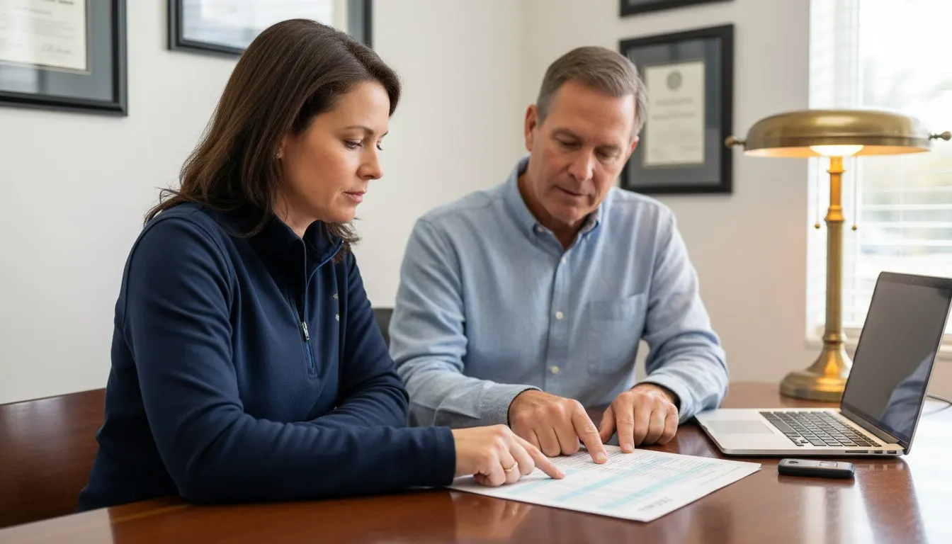 Insurance agency owner and a security consultant reviewing a laptop inventory at a desk with client folders