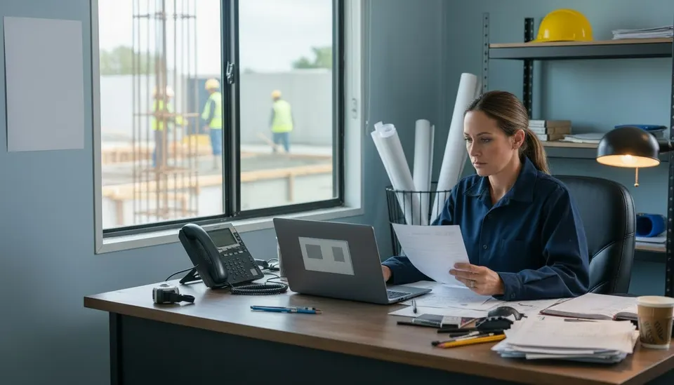 Contractor office manager comparing an invoice email on screen with a printed purchase order and a phone in a site trailer