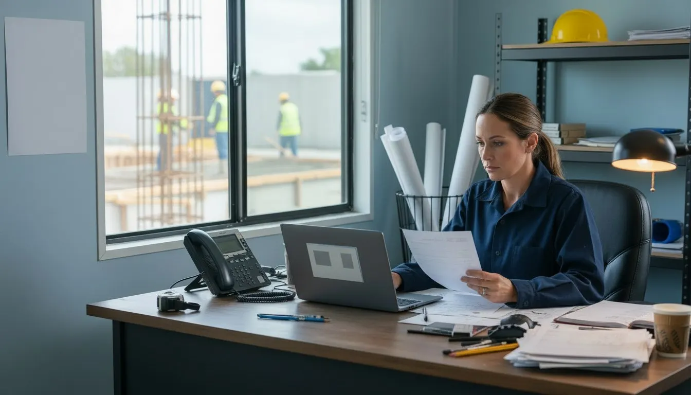Contractor office manager comparing an invoice email on screen with a printed purchase order and a phone in a site trailer