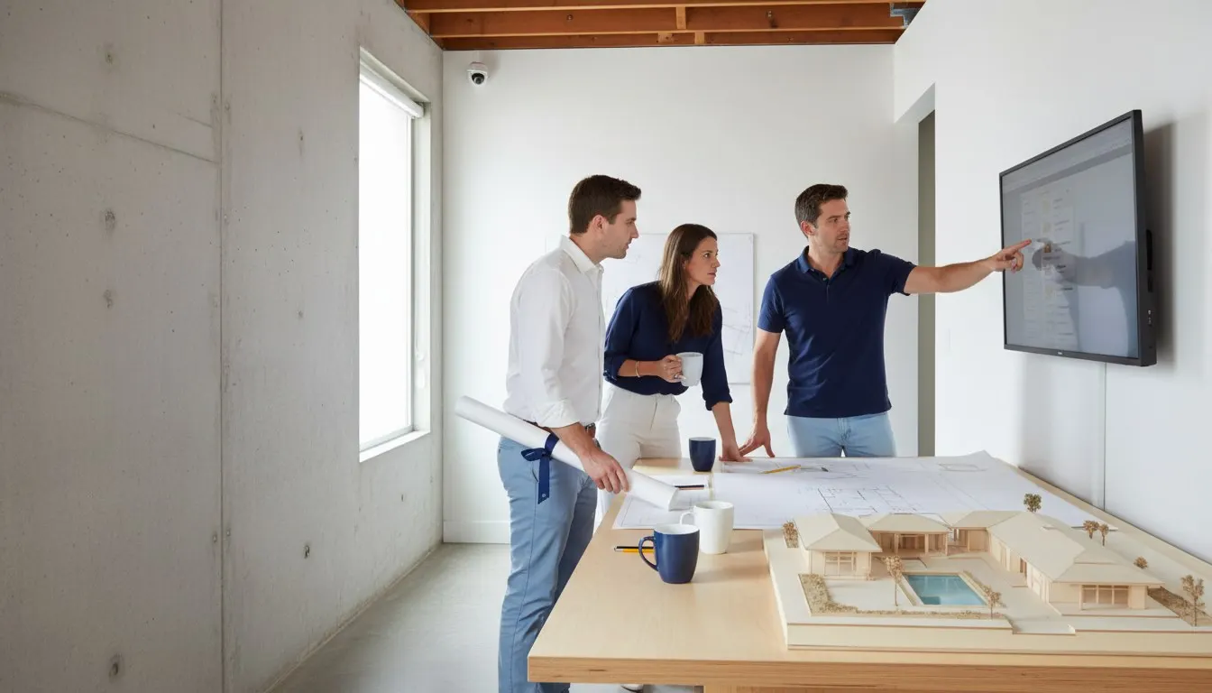 Architecture studio colleagues around a drafting table and shared monitor organizing project files
