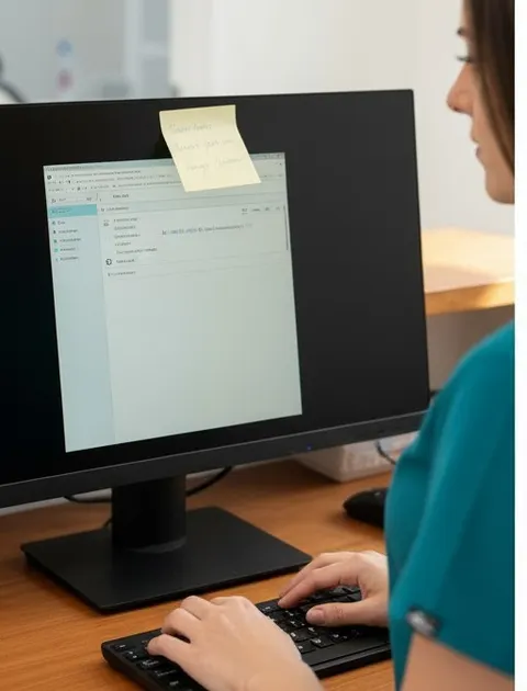 A temp covers the desk, reads the note and signs in with the shared account while a hygienist's name still shows in the user list.