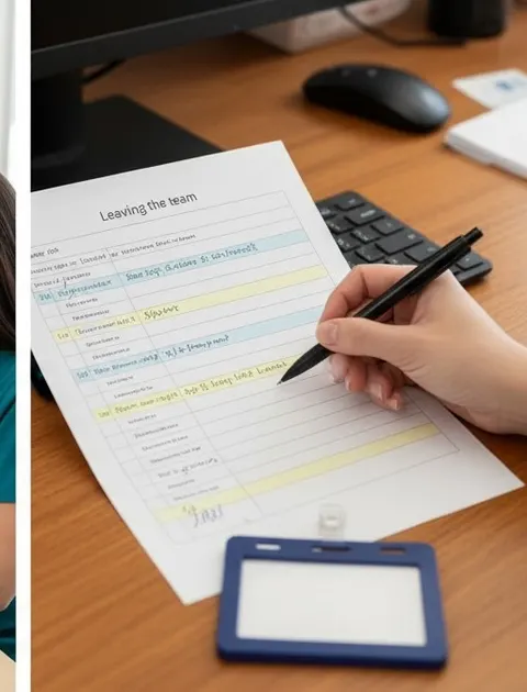 The office manager ticks off turn-off-scheduling and turn-off-imaging for a departing staff member and initials the sheet.