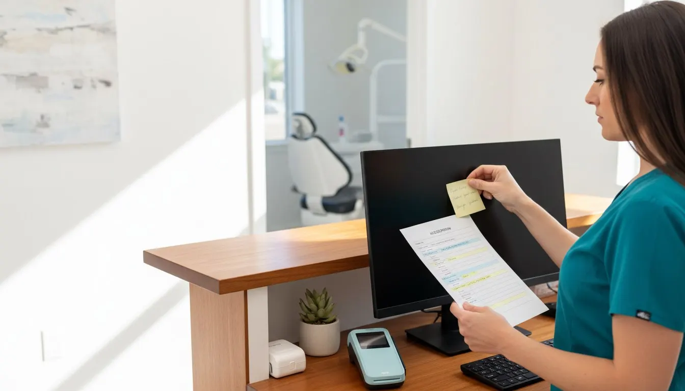 Dental office manager holding an access checklist beside a front-desk workstation