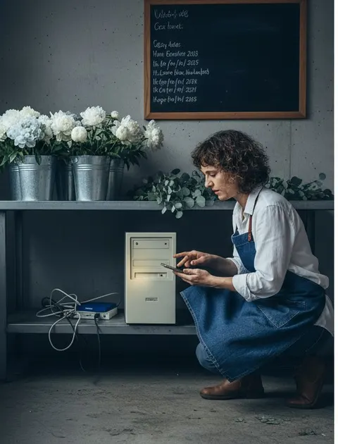 The florist shines a phone flashlight at the desktop, presses the power button twice and nothing happens.