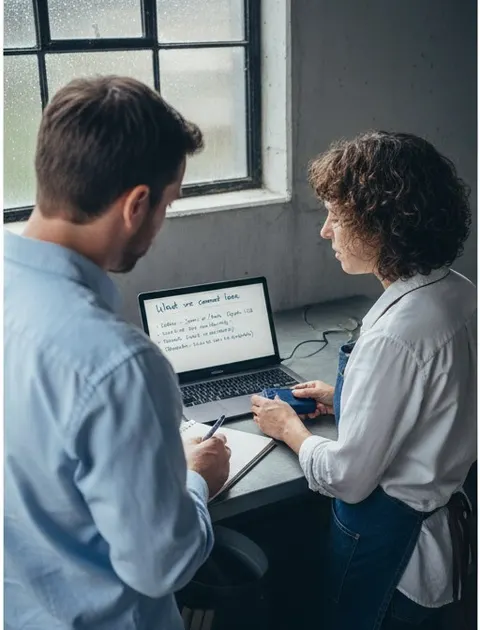 The consultant labels each item with where it lives and who copies it, and the florist plugs in a drive to try opening a copy of the order file.