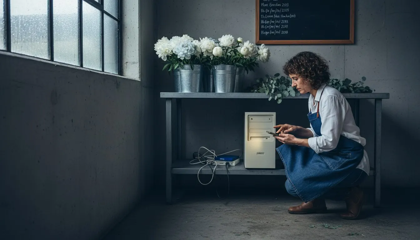 Florist in a workroom with buckets of flowers beside an older desktop and an external drive during a power cut