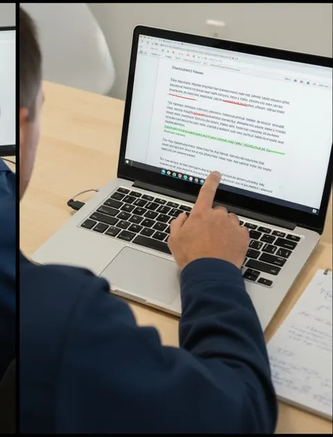 The inspector rewrites a line that overstates a finding, accepts the rest and compares the time against last week's notes.