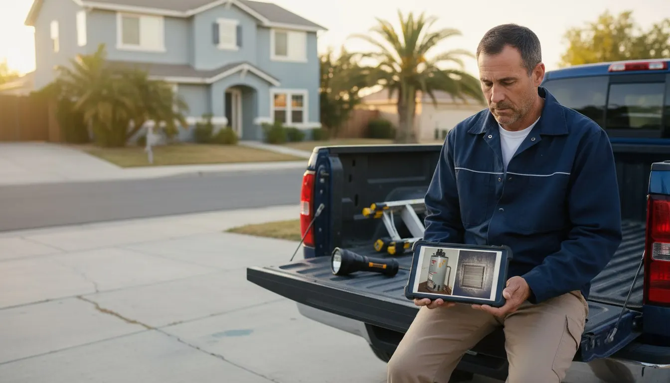 Home inspector at a vehicle tailgate reviewing field notes and a tablet with photos before writing a report