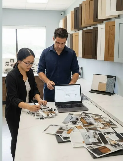 They sort photos into kitchens, bathrooms and cabinetry, and the designer drafts a project page with scope and neighborhood.