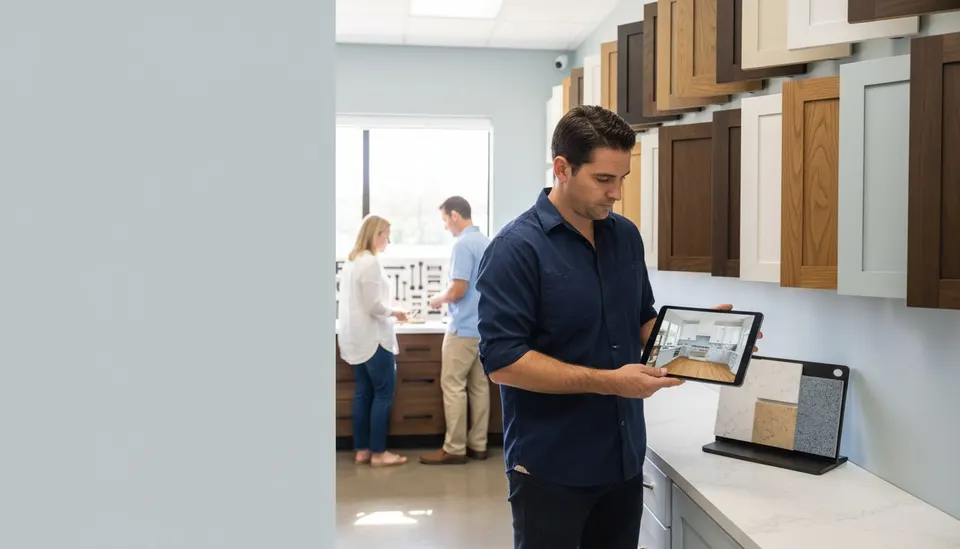 Kitchen remodeler holding a tablet showing a project page next to cabinet door samples in a showroom