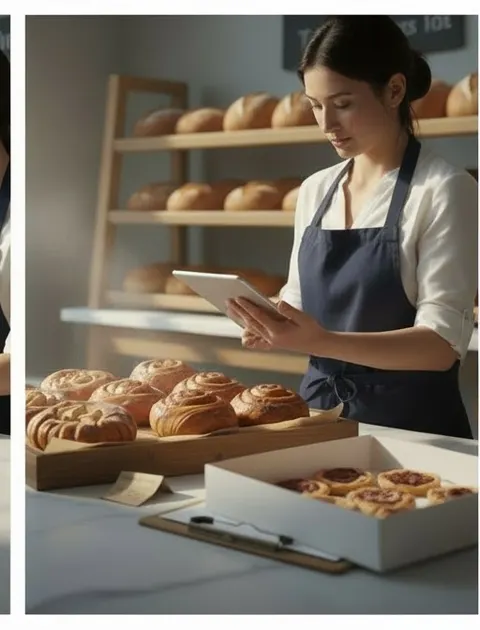 The owner reviews the approved post and its order destination beside the day's packed orders, checking the next step customers will take.