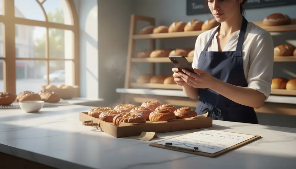 Bakery owner photographing a tray of seasonal pastries on a counter with a phone beside a handwritten content calendar