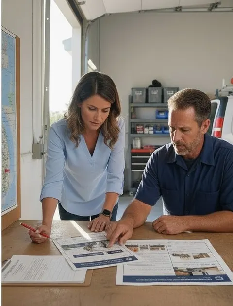 The planner circles a ring of neighborhoods on the map and the owner approves a capped test budget written at the top of the page.