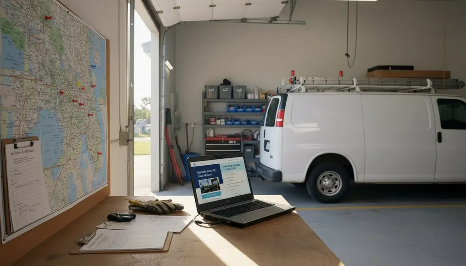 HVAC company owner beside a service van reviewing a tune-up offer on a laptop and a service-area map
