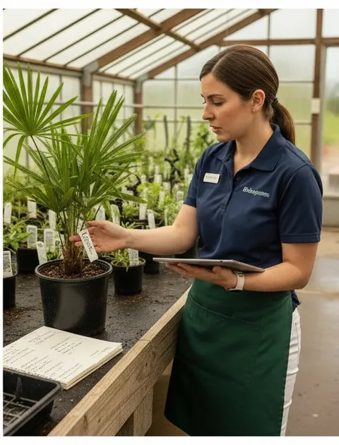 The specialist lists sun, soil, zone and size as the questions each page should answer while the staff member photographs a plant tag.