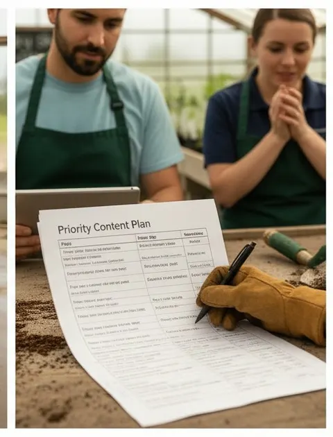 The owner underlines the top five pages and reads aloud the reason for each while a staff member nods.