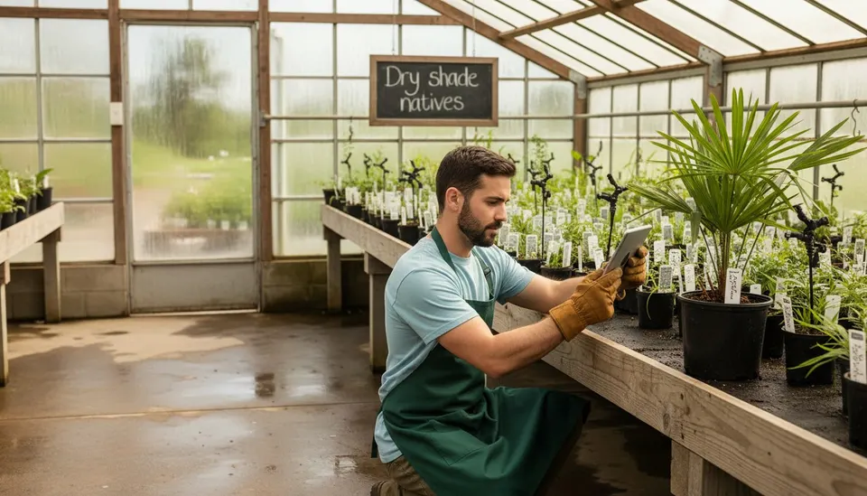 Nursery staff member photographing a labeled native perennial on a greenhouse bench with a tablet