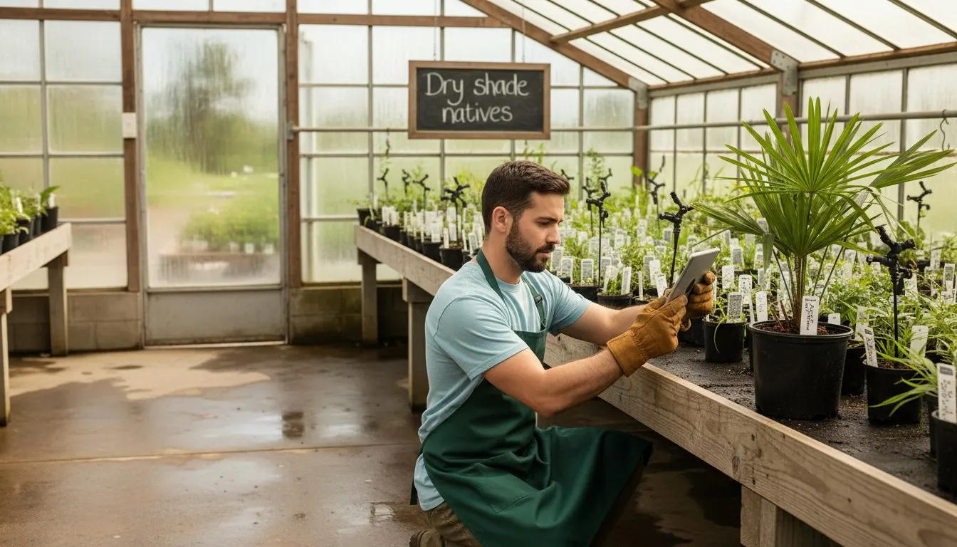 Nursery staff member photographing a labeled native perennial on a greenhouse bench with a tablet