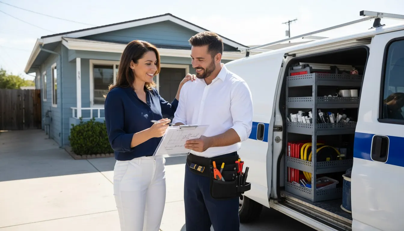 Small-business owner discussing a work plan with a service professional