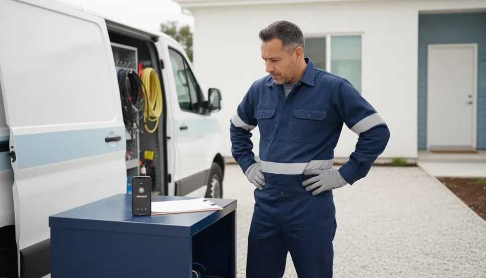 Field-service owner pausing beside a work van and phone