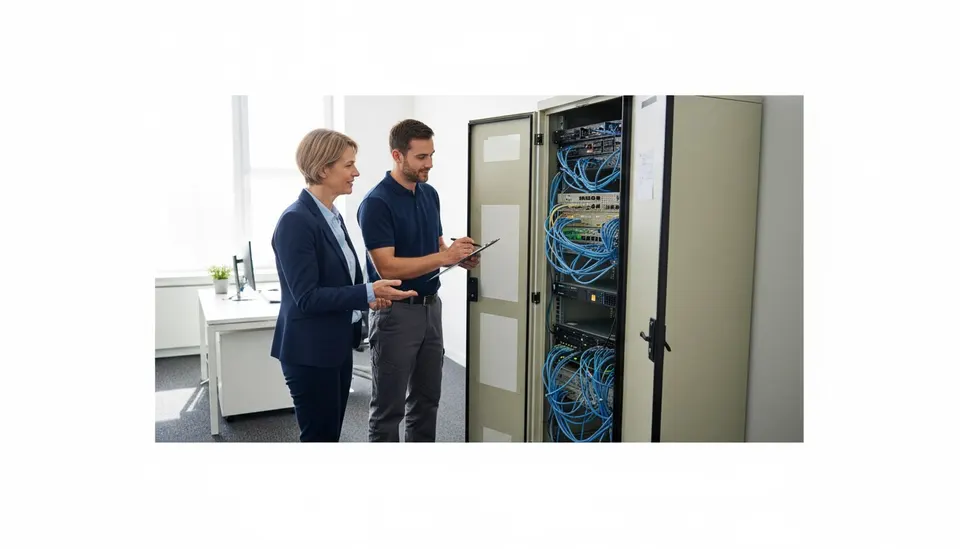 Business owner and technician reviewing office network equipment