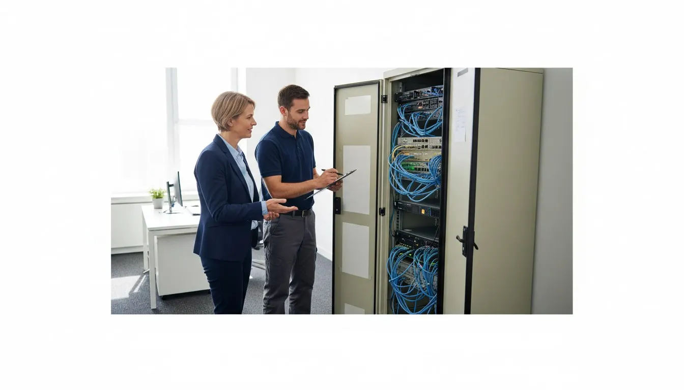 Business owner and technician reviewing office network equipment