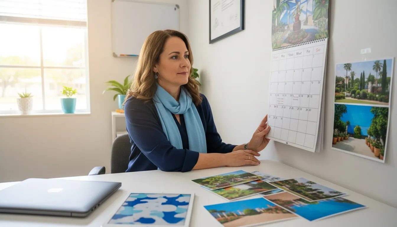 Small-business owner reviewing a work calendar in a bright office