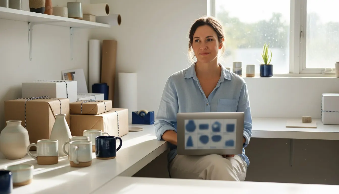Small web-store owner reviewing products in a packing studio