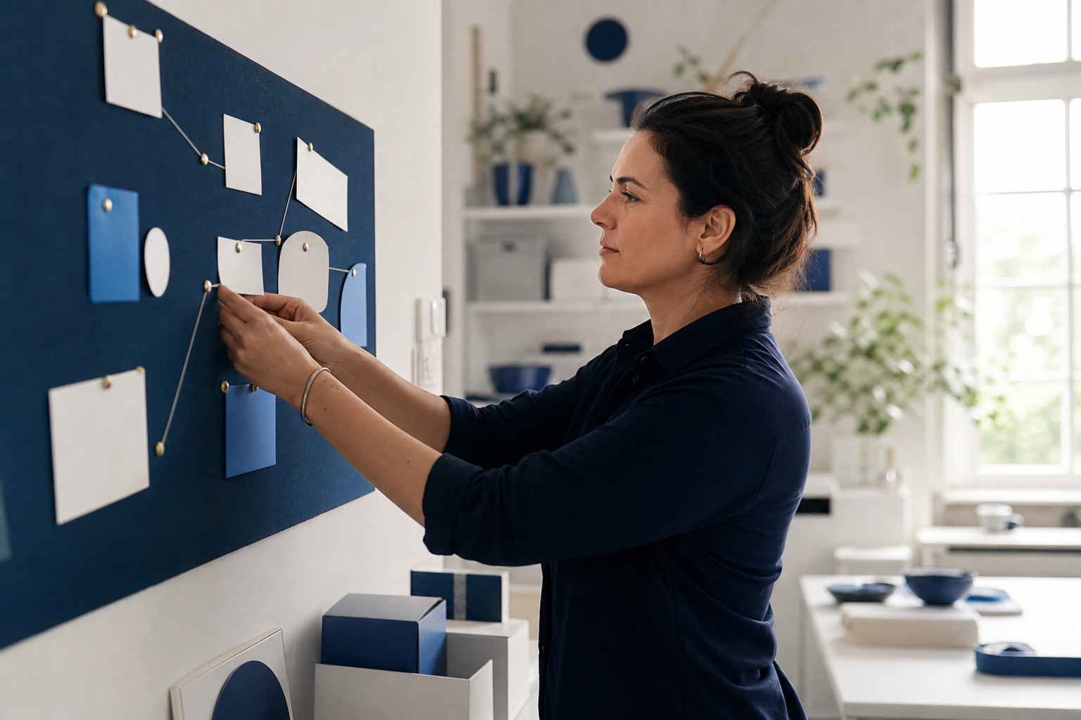 A small-business owner mapping a practical workflow on a board