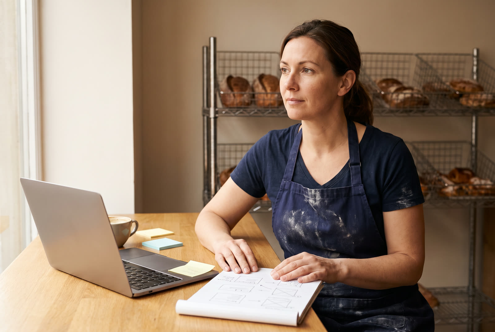 A bakery owner planning simpler daily tasks with a notebook and laptop after closing