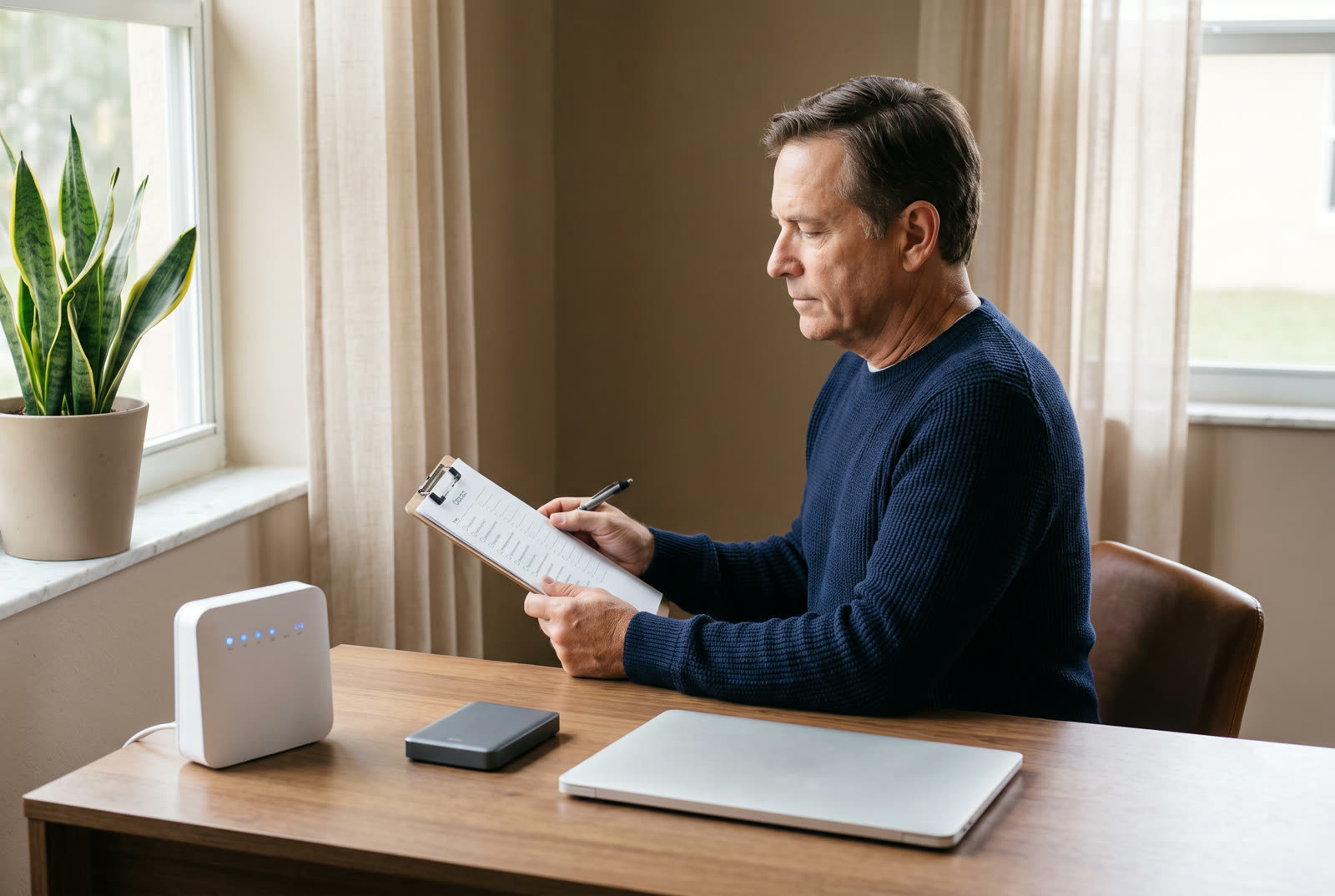 A consultant checking off an IT checklist beside a router, backup drive, and laptop