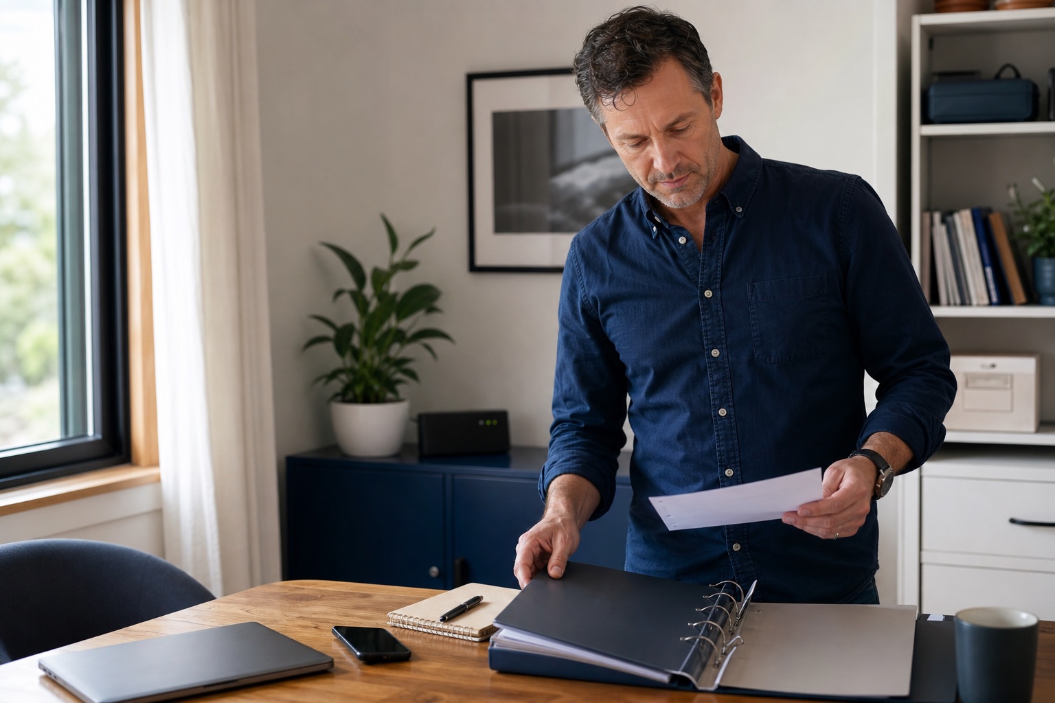 A small-business owner reviewing a practical technology checklist at a desk
