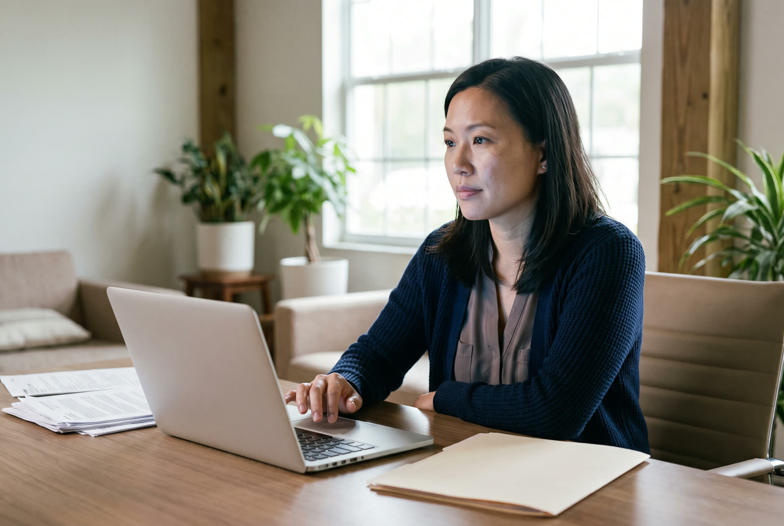 A coordinator pausing over client documents before using an AI assistant