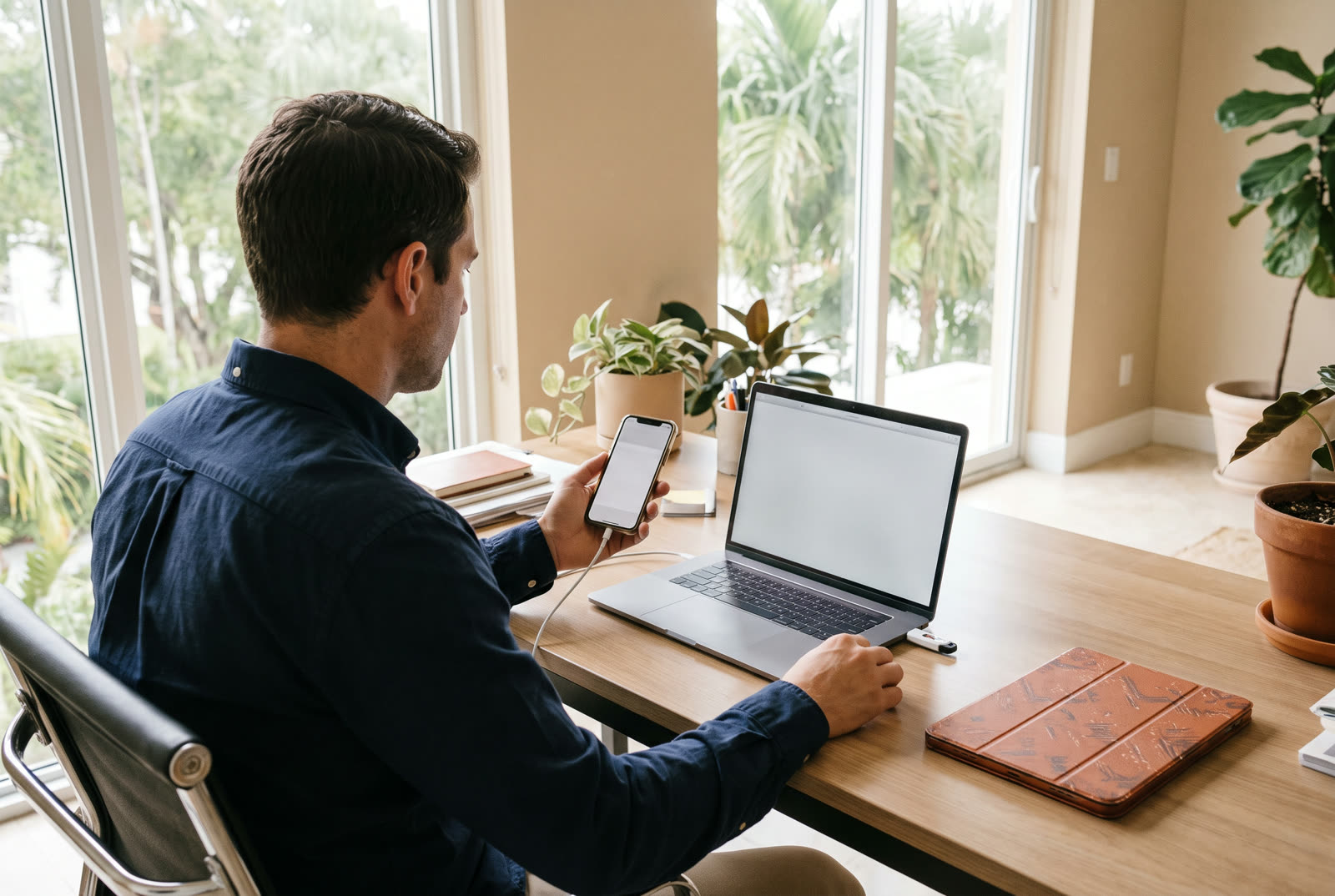 An employee moving work files onto a personal phone and a USB drive