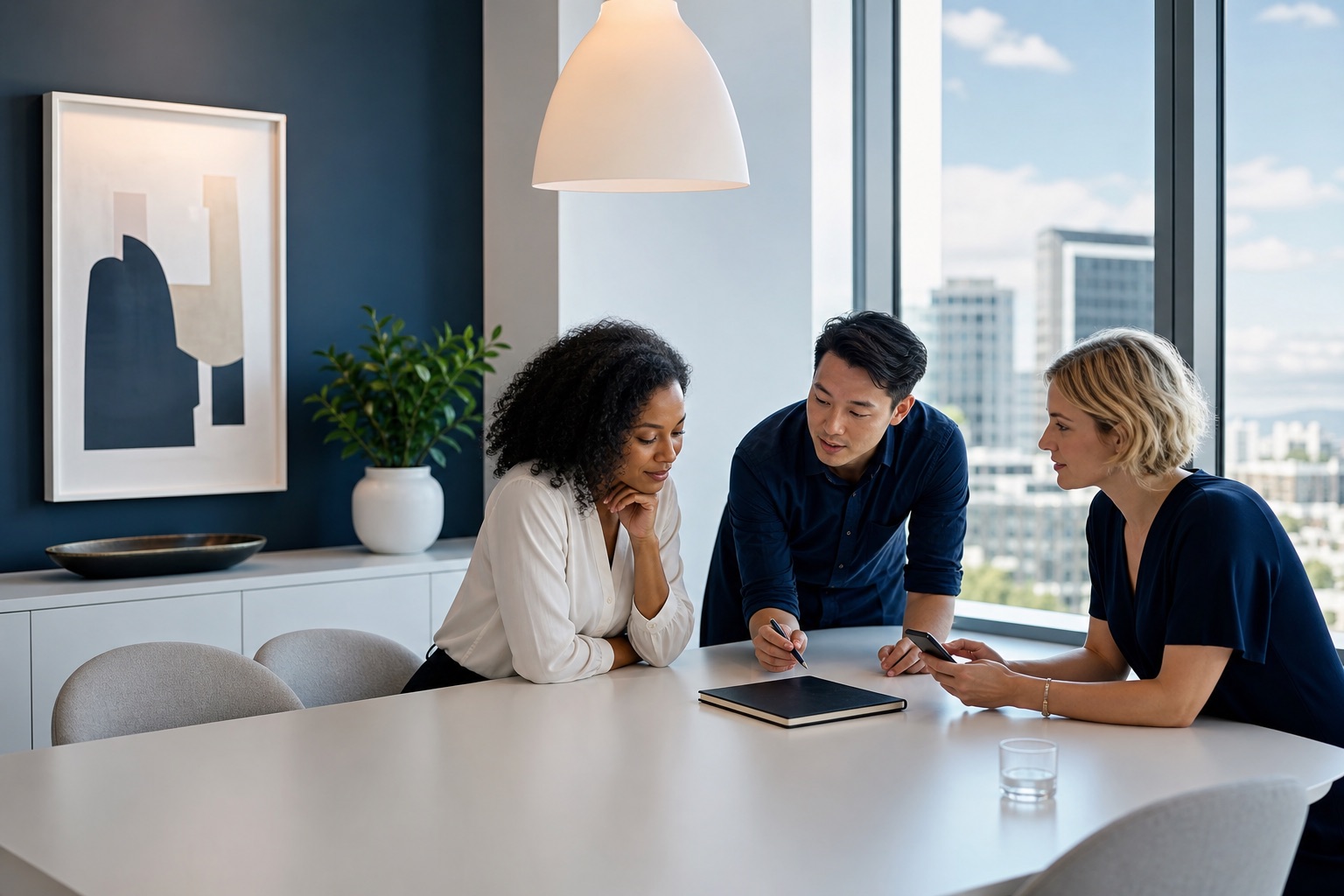 Small-business team coordinating connected business work in a bright office